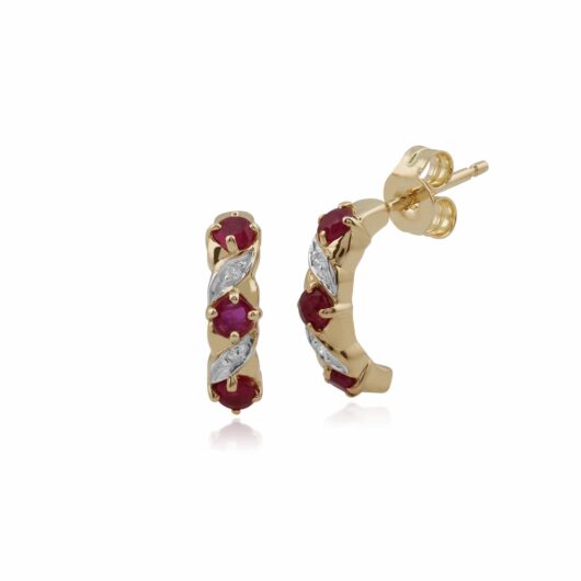 Art Nouveau Style Ruby & Diamond Half Hoop Earrings in 9ct Gold