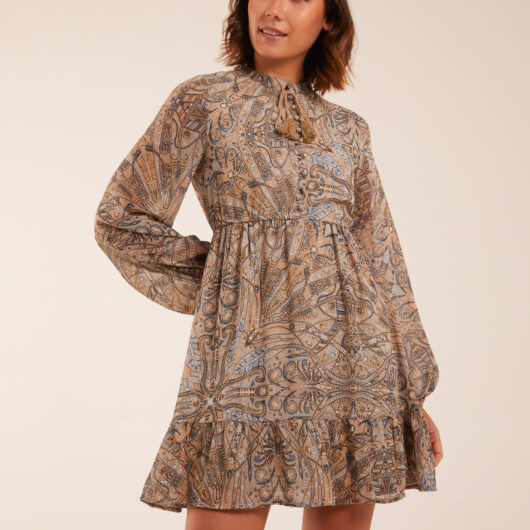 Paisley Tassel Front Mini Dress - 12 / Light Blue